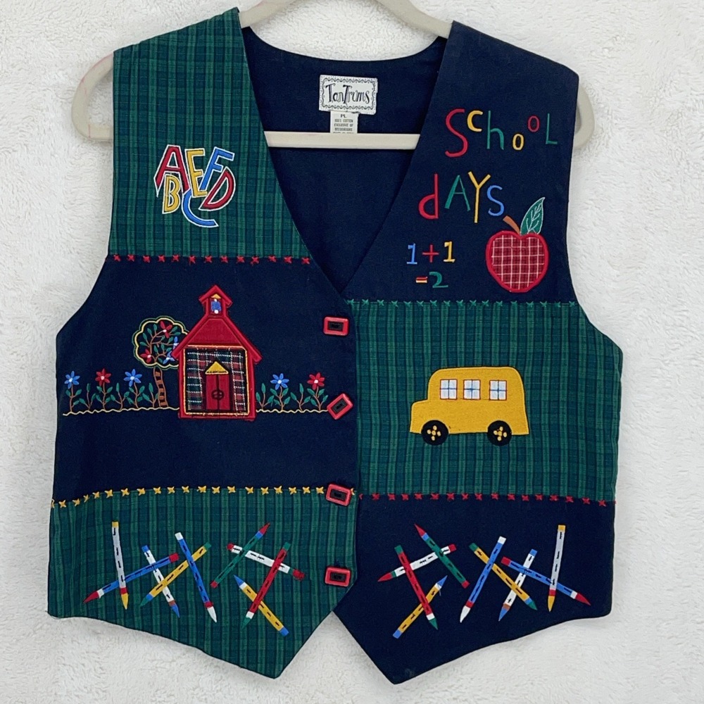 VTG Tantrums Vest Kindergarten Teacher Core School Pencil Buttons Large Petite